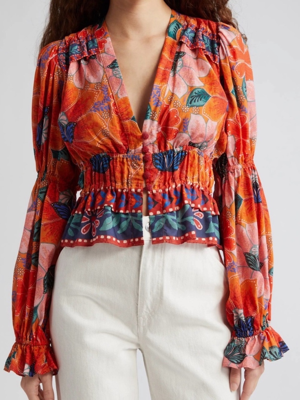 FARM Rio Multicolor Orange Floral Plunge Neck Cropped Peplum Top Sz XS Boho‎